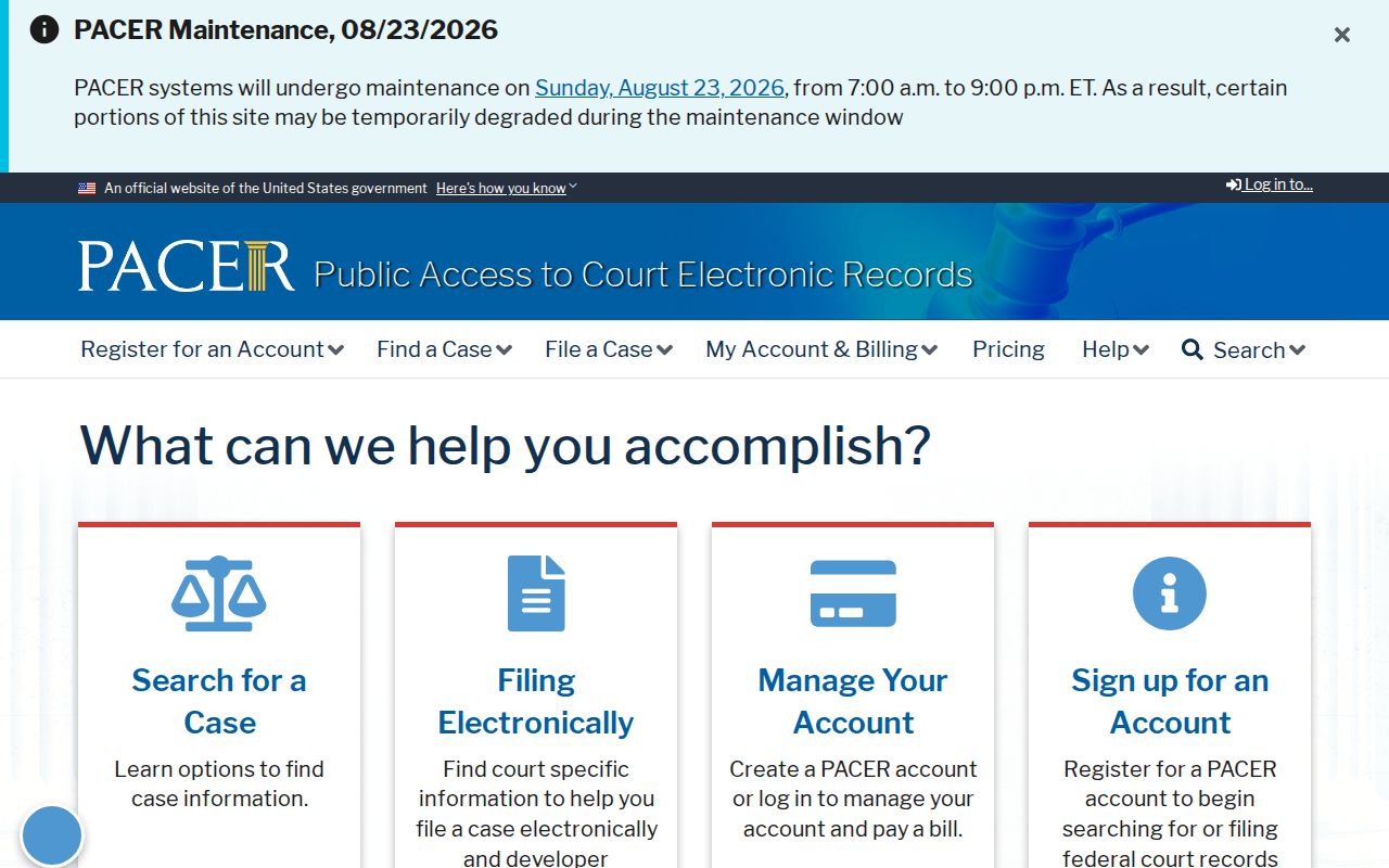 PACER federal court docket access portal