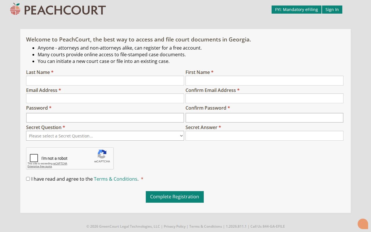 PeachCourt public account registration form