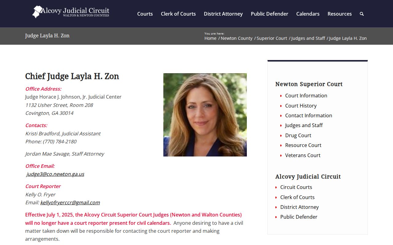 Alcovy judge page with Walton County civil and criminal calendar links