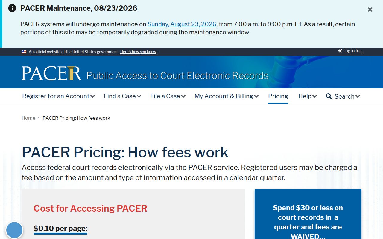 PACER federal court record pricing page